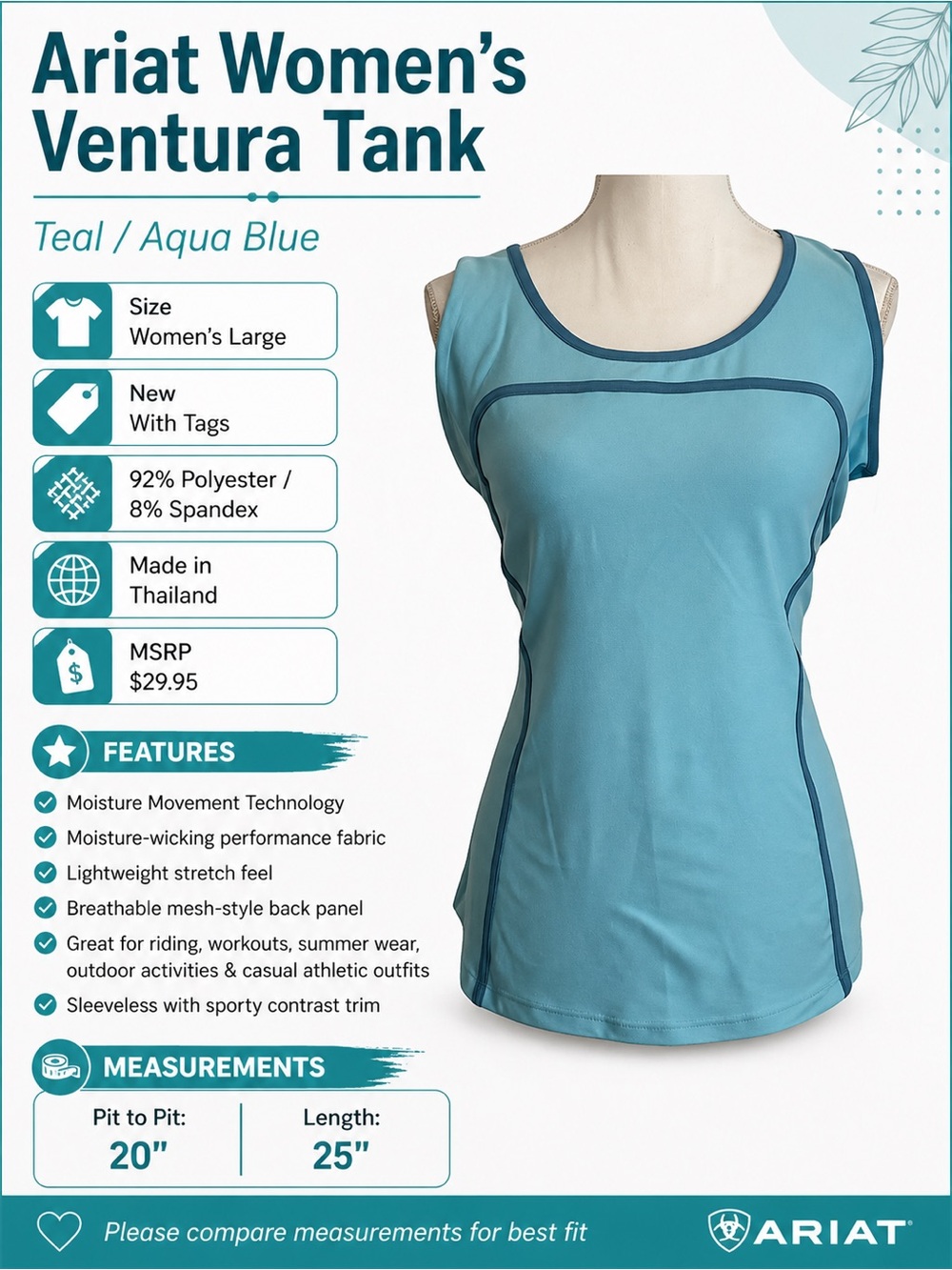 Ariat Women’s Ventura Tank Top Large Teal Moisture Wicking NWT